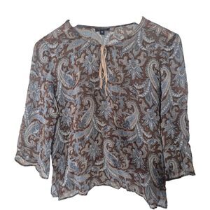 A.Cheng Vintage Y2K Blue and Brown Paisley Silk Blouse Boho Cottage Size Medium